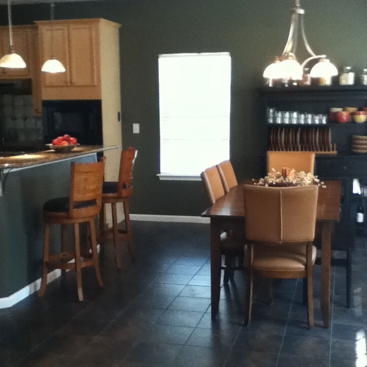Kitchen interior room scene dark colored flooring