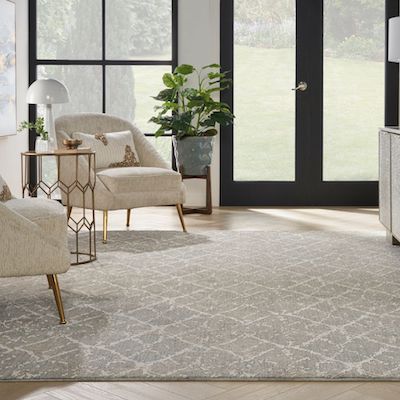 patterned area rug in a bright living room with large windows and chairs